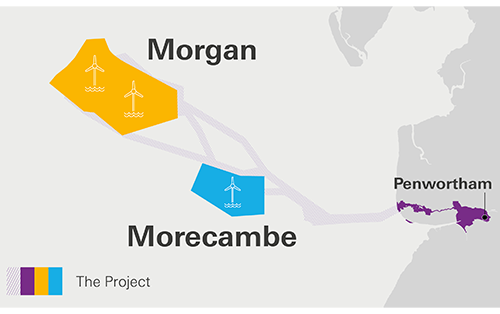 Map showing locations Morgan, Morecambe, and Penwortham with offshore wind farm icons