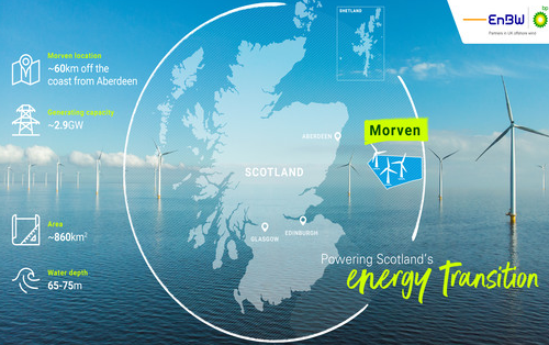 Map of Scotland showing Morven offshore wind farm location with wind turbines in the background