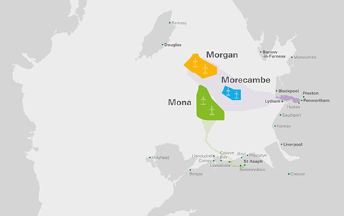 Map showing wind farm locations Morgan, Morecambe, and Mona in northwest England and nearby towns