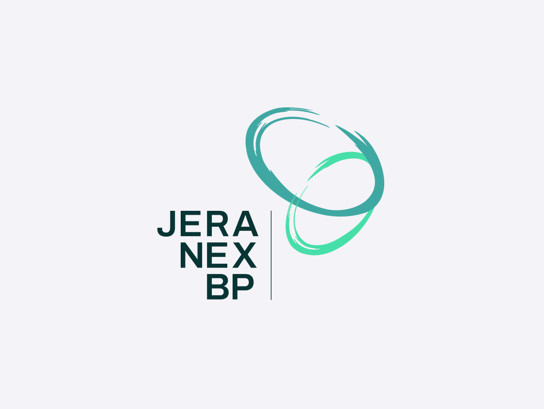 Logo of JERA NEX BP with two intertwined brushstroke circles in teal and green